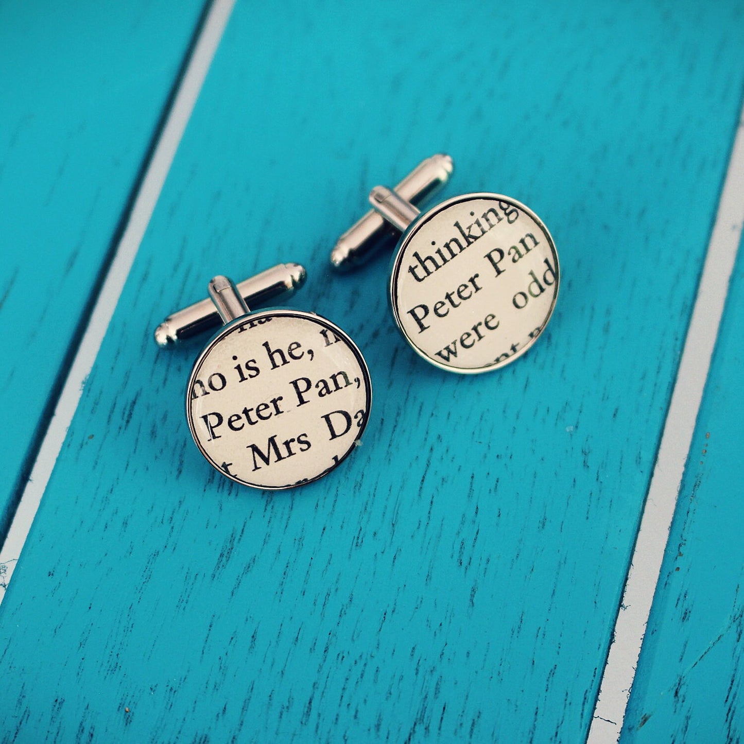 Peter Pan recycled book page cufflinks. Upcycled gift. Captain Hook. Lost Boys. Neverland. Vintage book. Wedding cufflinks. Groomsmen. Dad