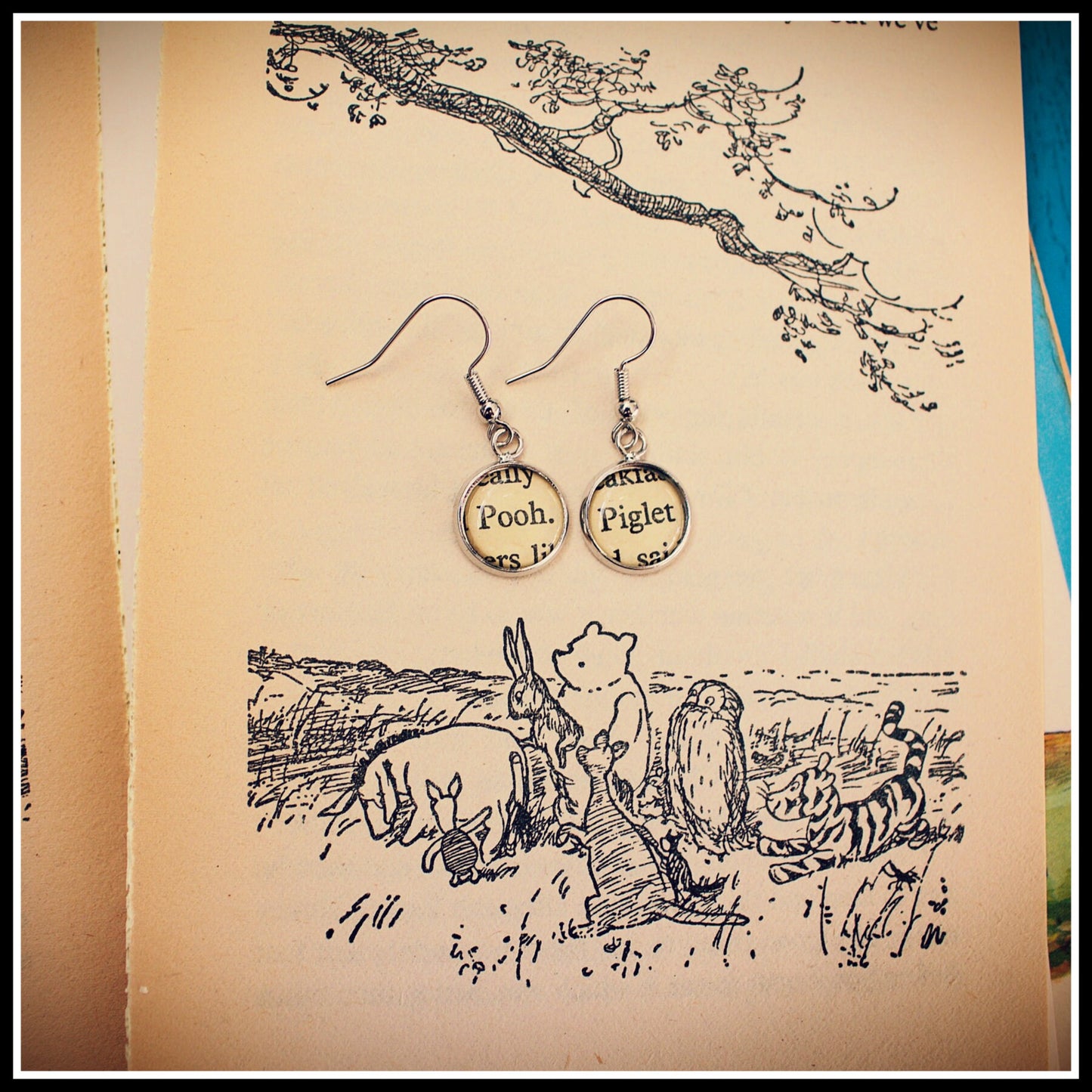 Winnie the Pooh book page earrings. Vintage recycled book. Pooh, Piglet, Tigger, Eeyore. Mothers Day Gift. Gift for Mum. Wedding Bridesmaid