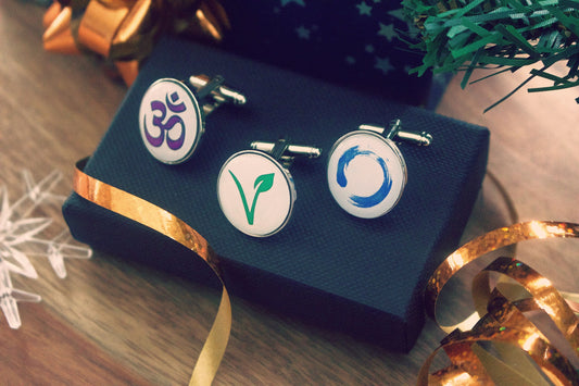 Vegan symbol cufflinks! Om and Zen Symbols. Yoga. Meditation. Hippy! Ideal gift for him. Personalised. Yogi. Peace. Wedding cufflinks.