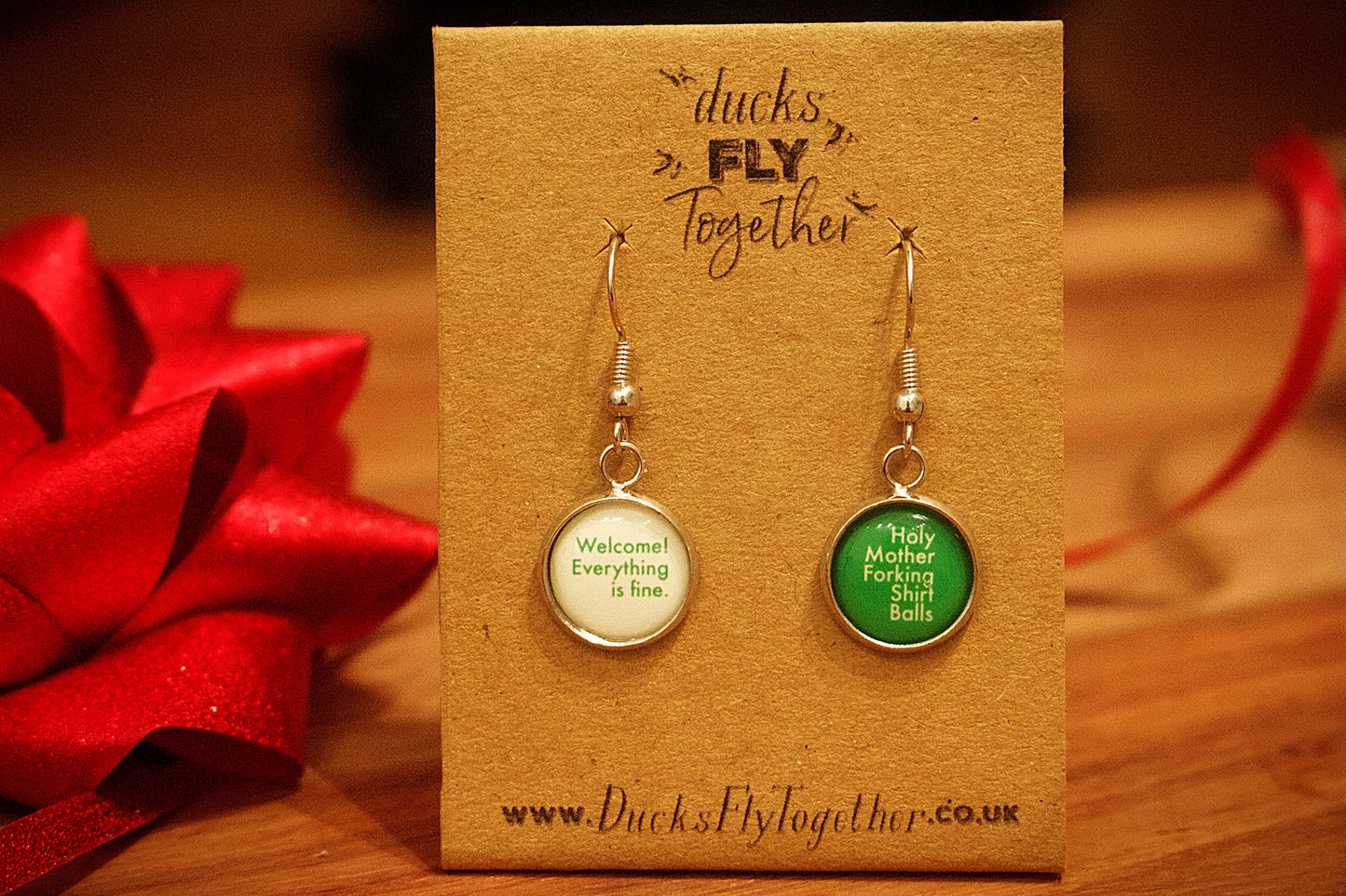 Novelty earrings inspired by The Good Place. Holy Mother Forking Shirt Balls. Welcome Everything is Fine. Mothers Day Gift. Gift for Mum.