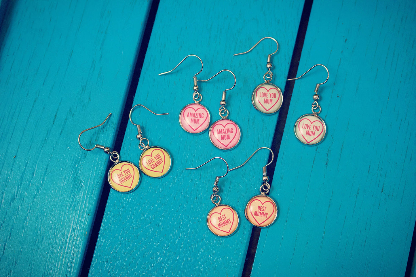 Mothers Day Love Hearts Earrings. Love You Mum! Amazing Mum! Gift for Granny. Grandmother. Retro sweets. Sweeties. Personalised message