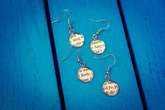 Recycled Little Women Book Page Earrings. Louisa May Alcott. March sisters. Beth Amy Jo Meg. Classic stories. Mothers Day Gift. Gift for Mum