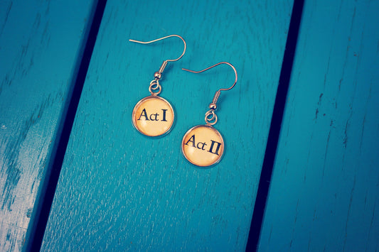 Theatre earrings. Act I & Act II. Shakespeare jewellery. Vintage paper design. Thespian. Actor. Actress. Musical theatre. Drama student.