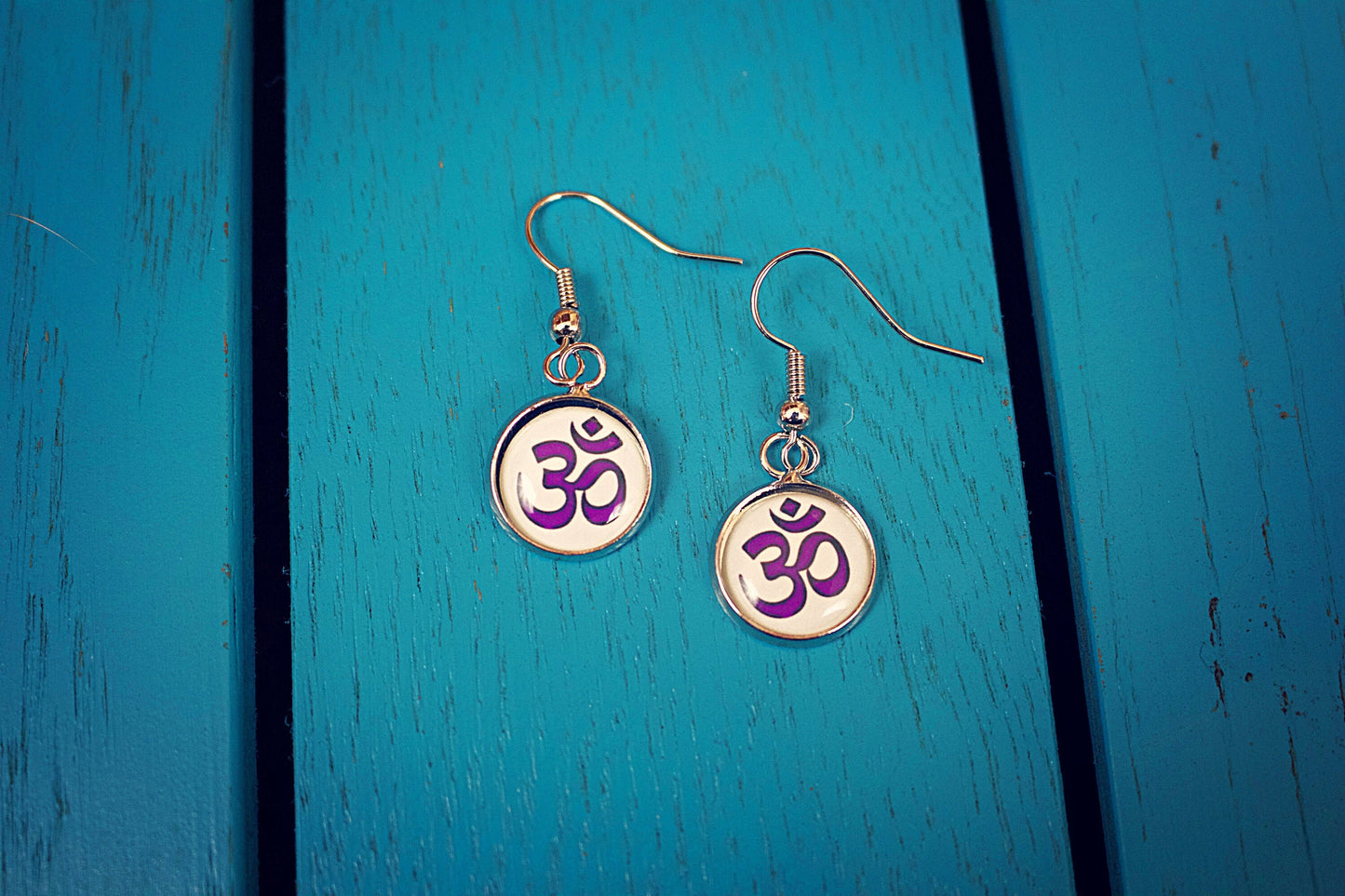 Zen Om Symbol earrings -Ohm  Yoga Meditation Peace Spirituality. Hippie culture. Buddhist. Hindu. Enlightenment. Freedom. Colourful dangles.