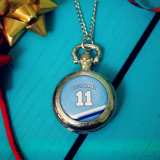 Man City football colours Pocket Watch. Manchester City. Citizens. Personalised gift for him. Favourite player Man City legend. Football fan