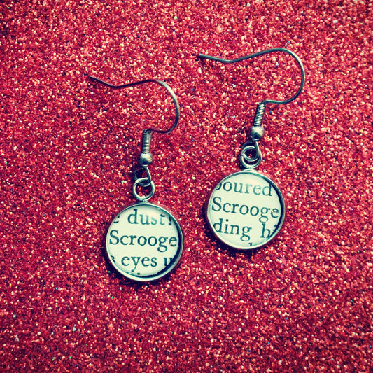 Scrooge earrings! Christmas Carol recycled book gift. Grinch. Ebenezer. Muppets. Charles Dickens. Novelty Xmas gift for her. Bah Humbug!