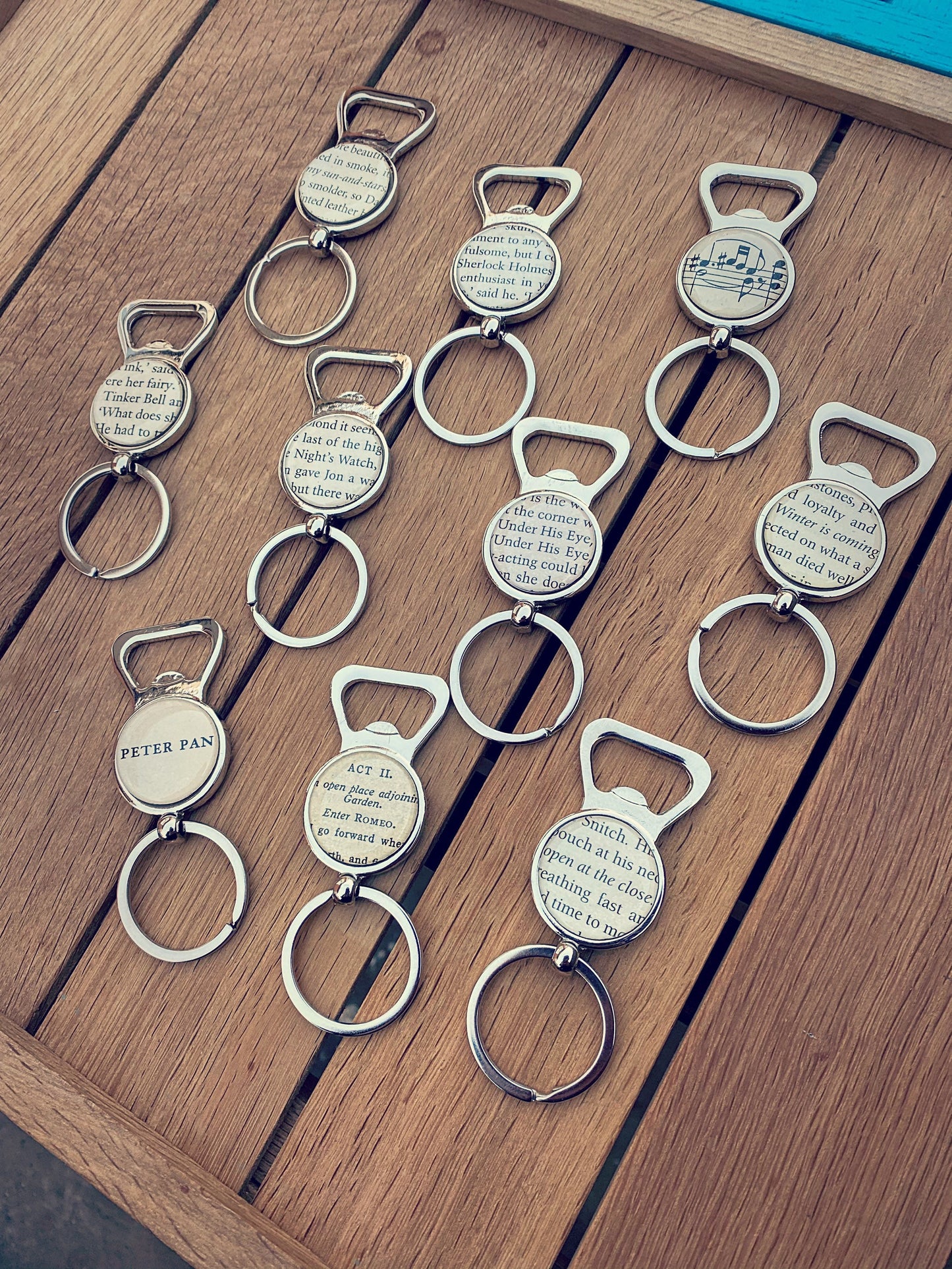 Book Page Bottle Opener. Recycled Game of Thrones, Sheet music, Peter Pan, Sherlock Holmes Key ring Favourite character quote Literature