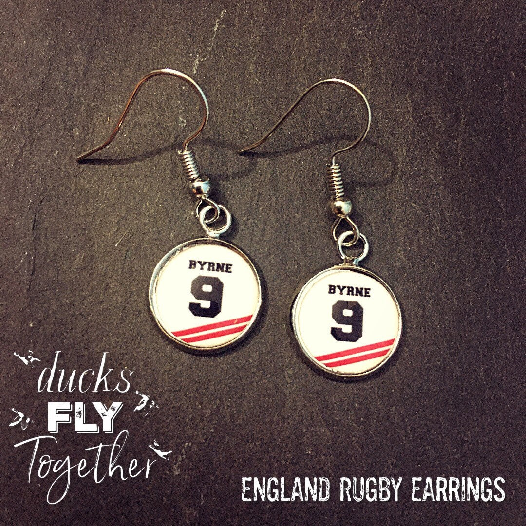 England Rugby colours Earrings. Team jersey style with personalised name & number. Favourite player. Your name. Christmas gift Rugby fan.