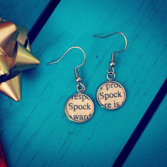 Recycled Star Trek book earrings. Spock. Captain Kirk Enterprise. Scotty. Trekkie gift. Live long and prosper. Uhuru. Sulu. McCoy. Comic-con