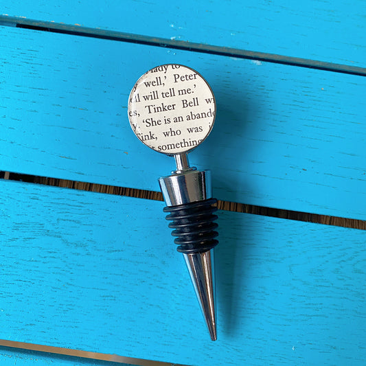 Tinkerbell Bottle Stopper - Recycled Peter Pan book gift. Wine lover. Captain Hook. Wine Bottle. Alcohol present. Tink. Wedding favours.