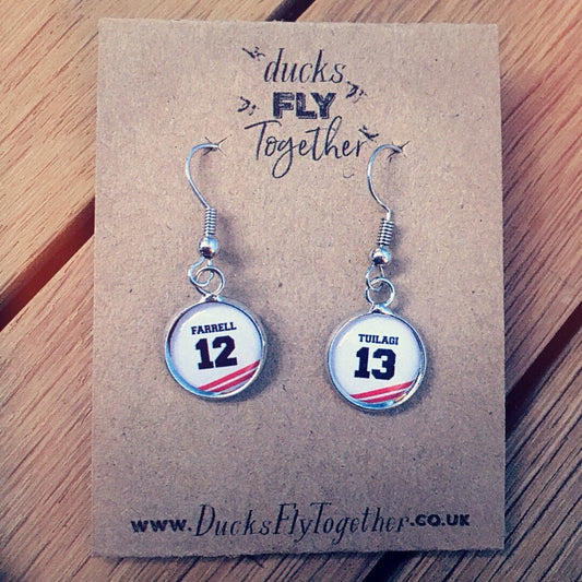 England Rugby colours Earrings. Team jersey style with personalised name & number. Favourite player. Your name. Christmas gift Rugby fan.