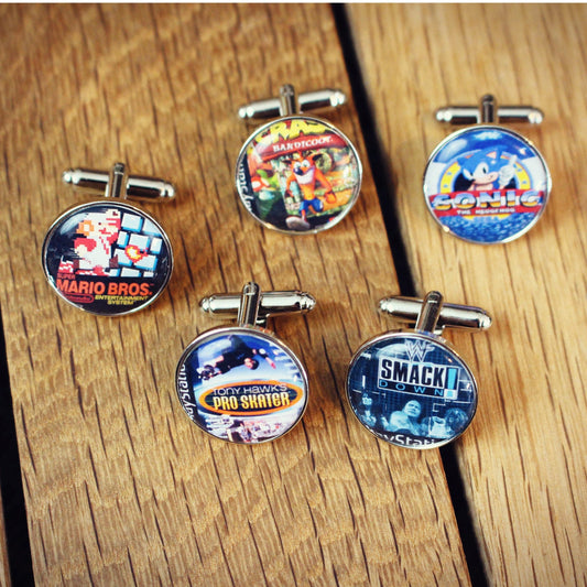 Vintage Video Game Cufflinks. Old School Computer Gamer Gift. Sonic Mario Crash Bandicoot SNES Playstation N64 Sega Megadrive. Groomsmen.