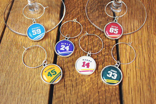 Team Colours Personalised Wine Charms. Your name and number. Sports jersey gift. Wine lover. Glass charms. Football shirt Rugby NBA NHL NFL