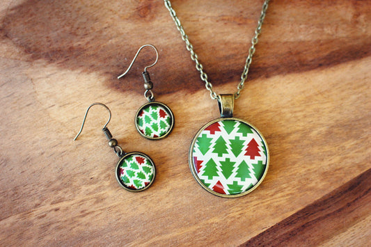 Christmas Tree Necklace Earrings Jewellery Set. Festive abstract modern pattern. Green and red. Fun Xmas gift for her. Copper Gold Bronze