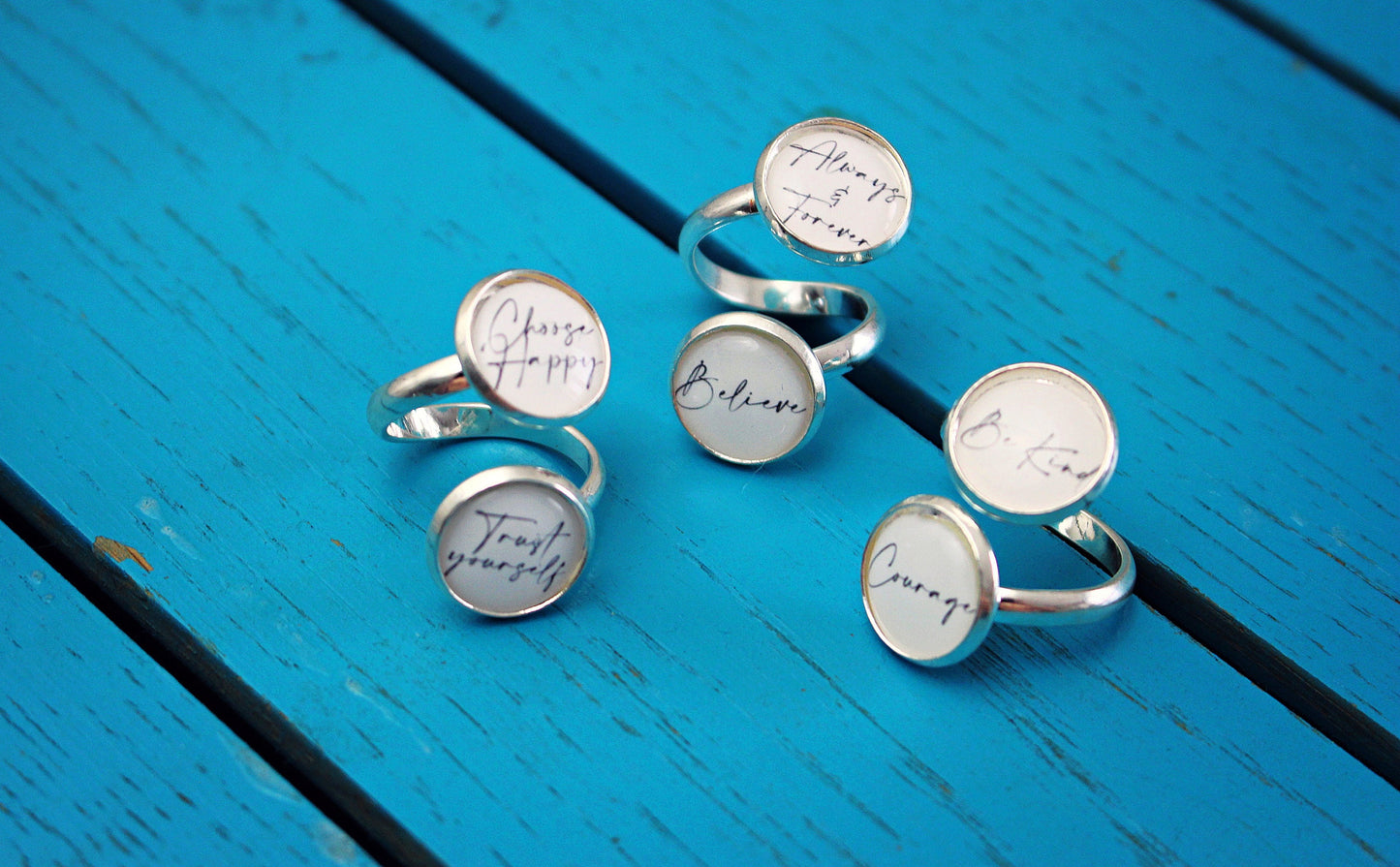 Calligraphy quote ring. Inspirational words jewellery. Personalised handwriting style Kindness Courage Love. Mothers Day Gift. Gift for Mum.