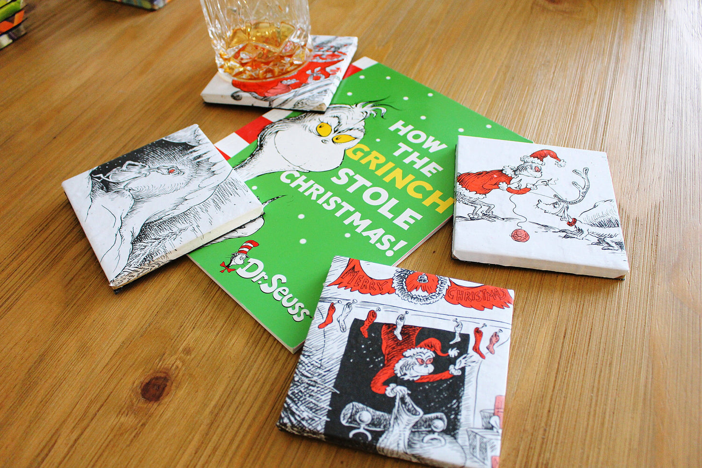 Recycled The Grinch Book Page Coasters Christmas table decor Humbug! Upcycled Festive placemat Stocking filler gift  Book Illustration