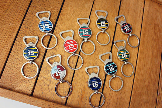 Rugby Team Colours Bottle Openers Your team shirt with name and number Personalised sports jersey jewellery Gift for rugby union fan Alcohol