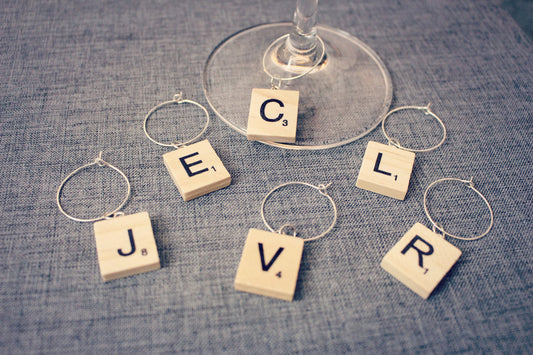 Scrabble Piece Wine Charms. Personalised initials gift. Wine Glass Charms Christmas Dinner Table. Wine Lover Prosecco Champagne Alcohol gift