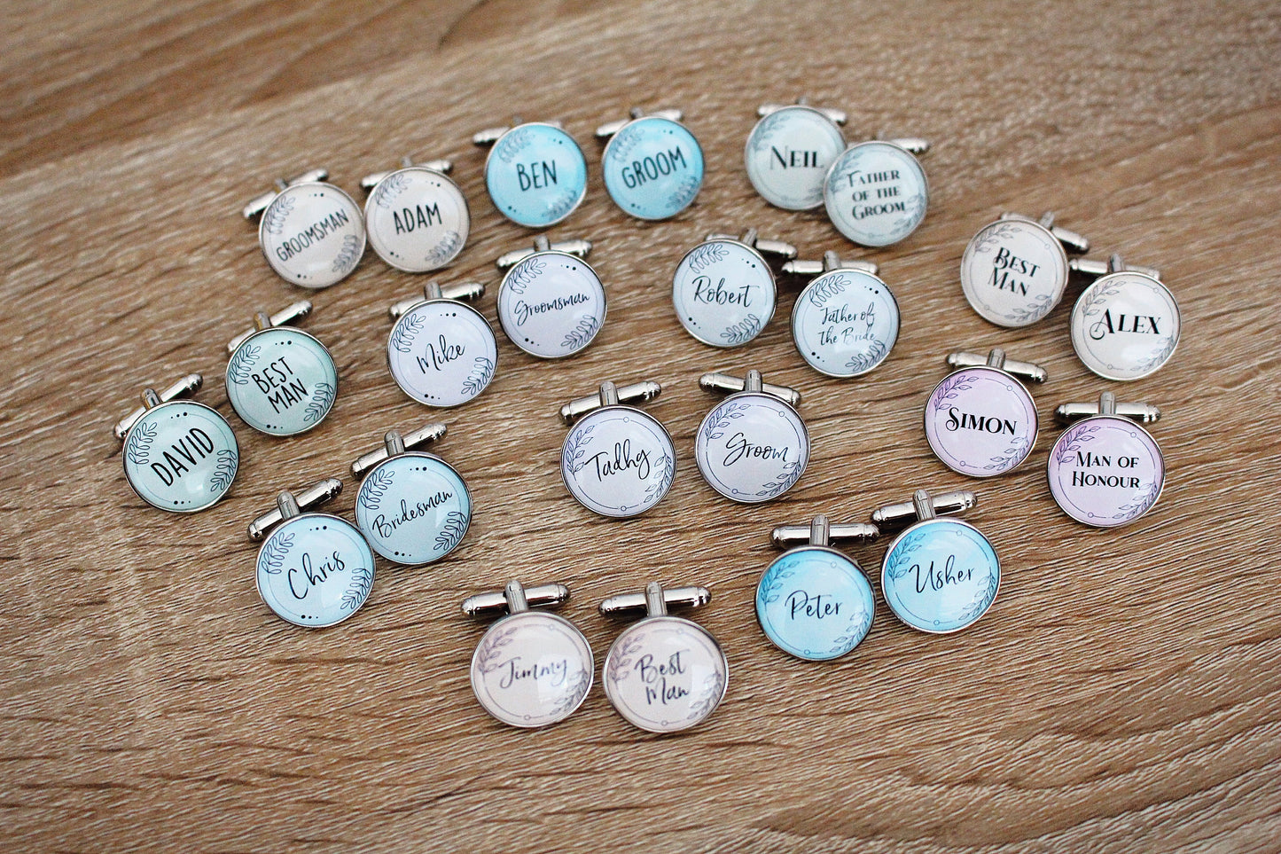 Groomsmen Personalised Cufflinks. Pastels Floral Colourful. Match colour with Groom suit. Best Man Father of the Bride. Calligraphy Names.