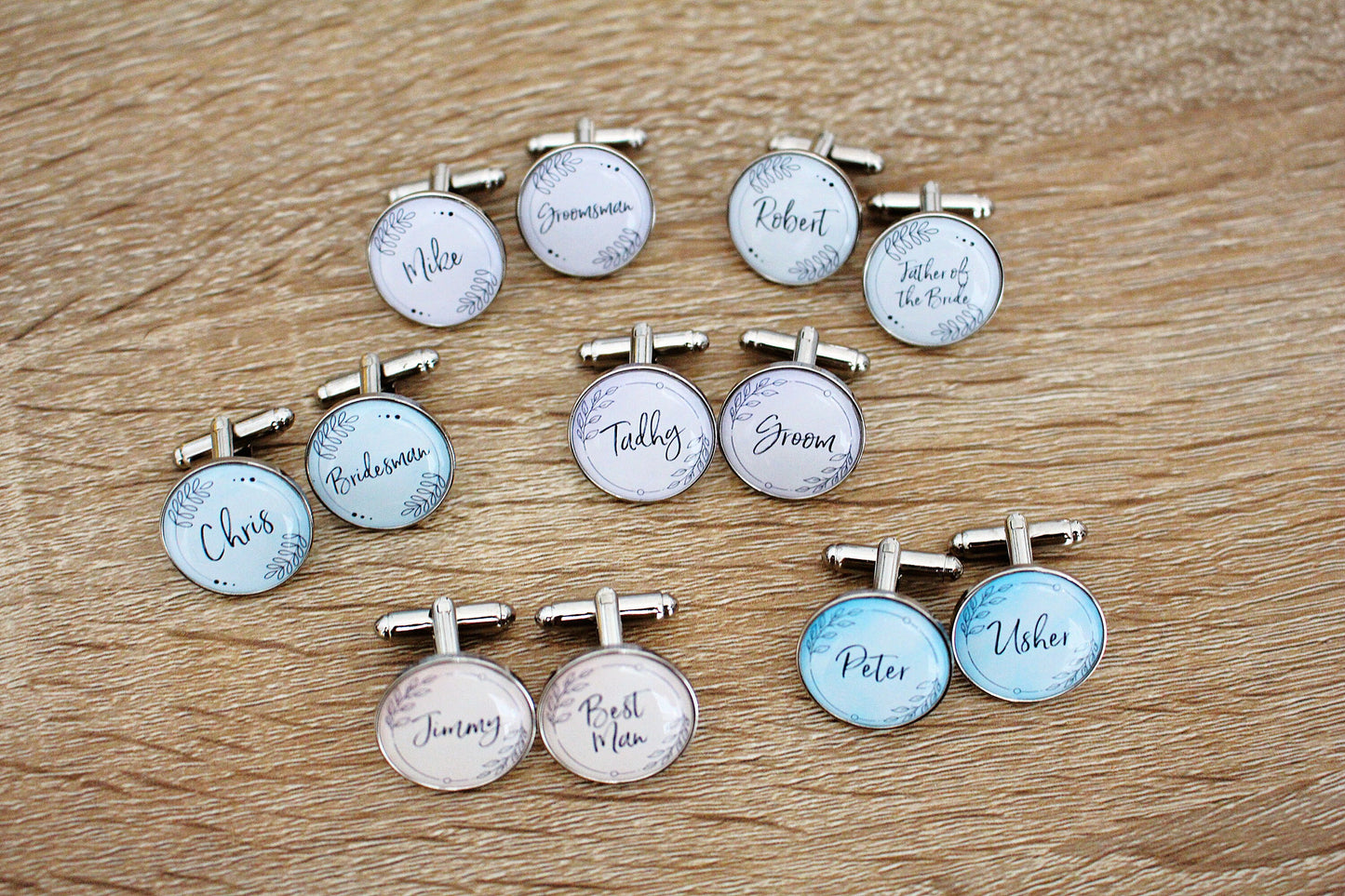 Groomsmen Personalised Cufflinks. Pastels Floral Colourful. Match colour with Groom suit. Best Man Father of the Bride. Calligraphy Names.