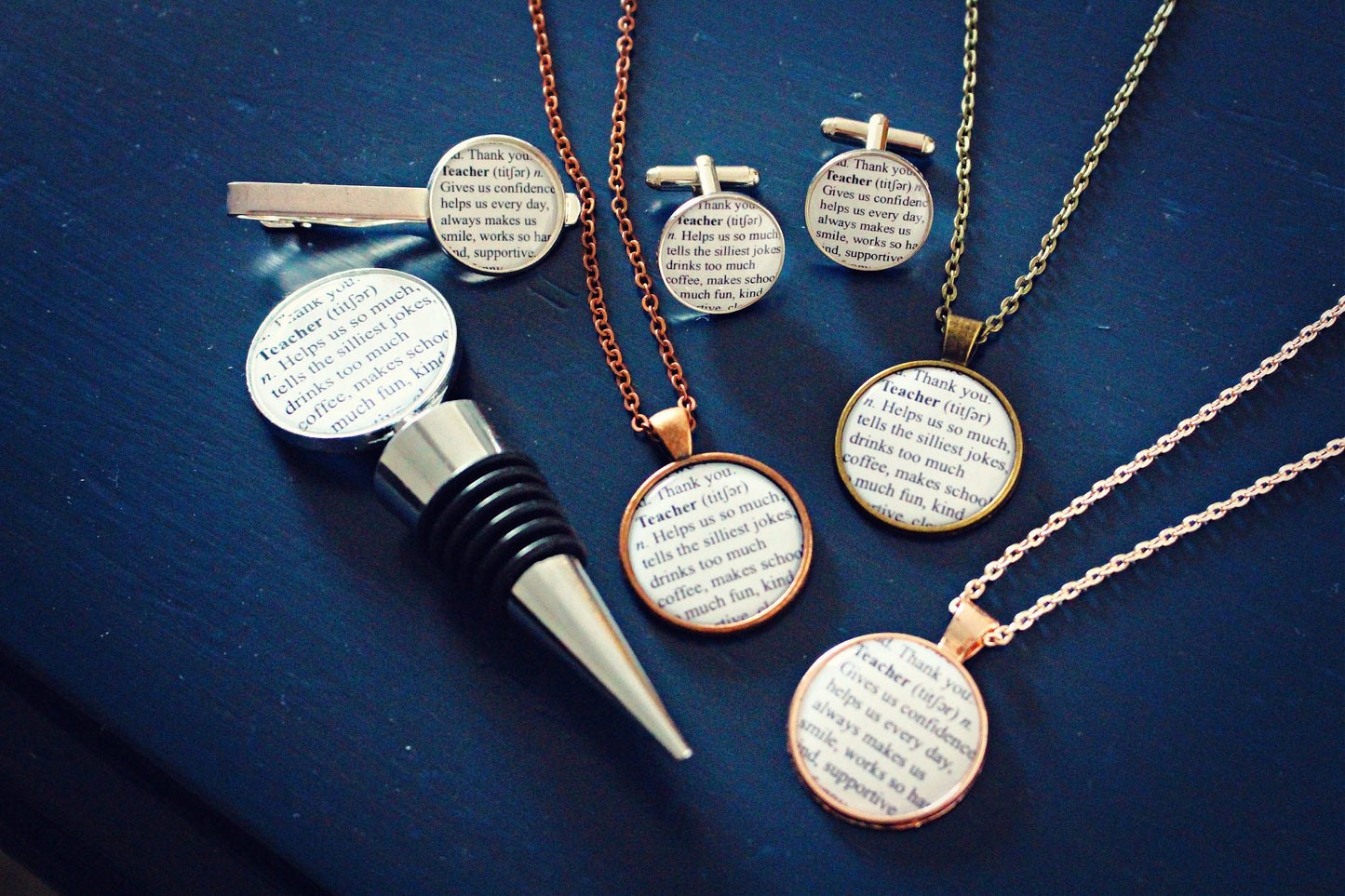 Thank You Teacher. End of Term Teacher. Tutor Gift. End of Year School. Teacher Dictionary Definition Jewellery. Personalised Thanks. Wine.