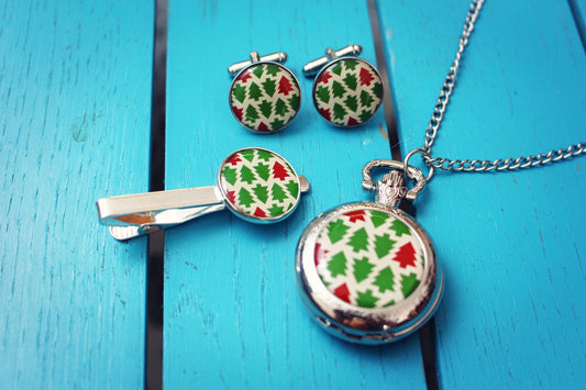 Christmas Jewellery Gift Set for Men. Festive Cufflinks. Christmas Party Tie Clip. Secret Santa Present. Xmas Tree Design. Fun Christmas Dad