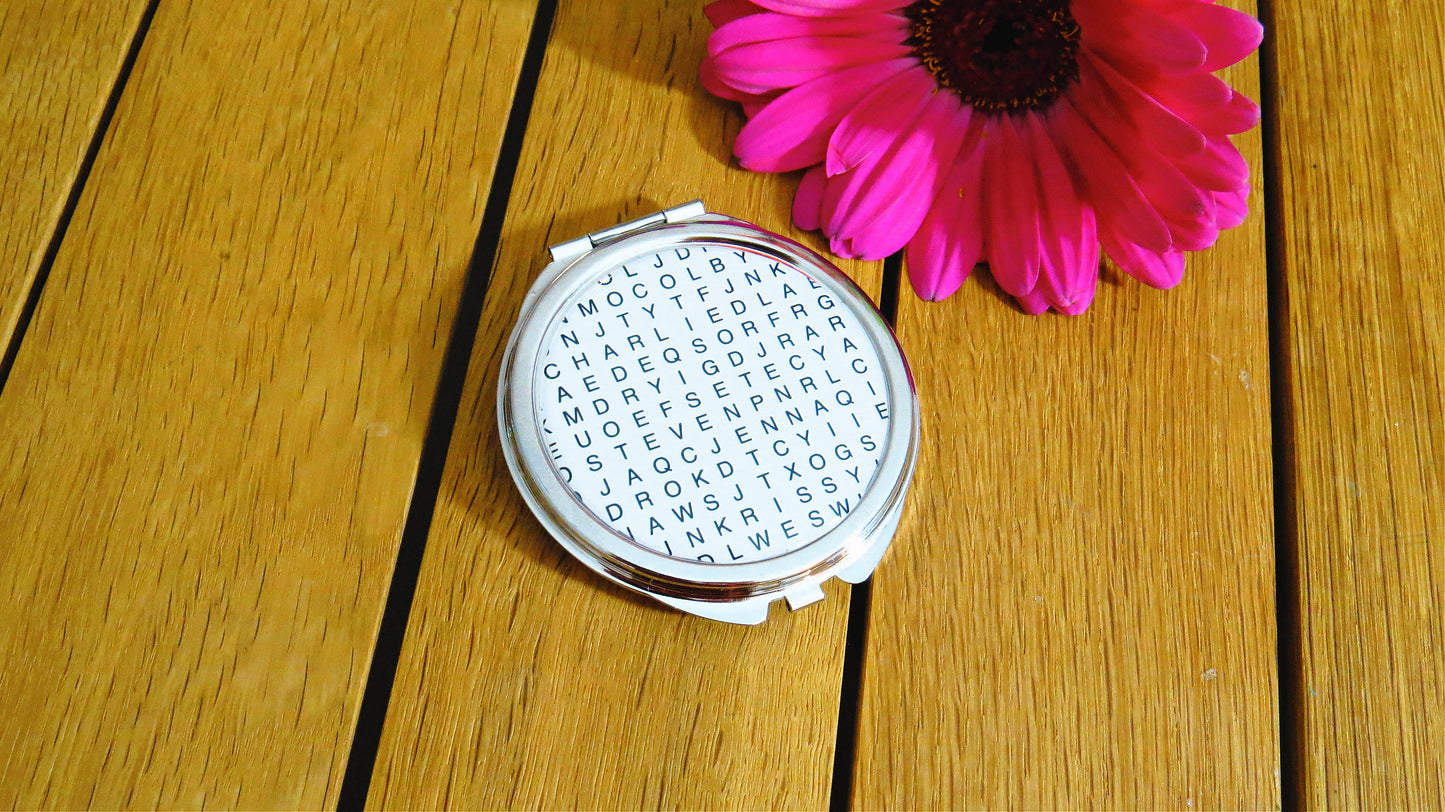 Wordsearch Pocket Mirror. Personalised Word Search Puzzle Gift. Hidden Words Pocket Mirror. Crossword. Custom made gift for her. Bridesmaid.