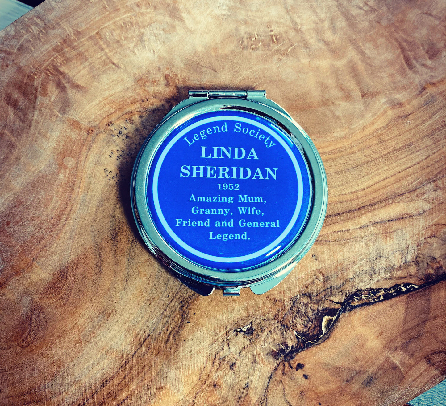 Blue Plaque Gift. Personalised heritage compact mirror. Novelty gift for her. Fun present for mum Legend Pocket Mirror. Heritage Blue Plaque