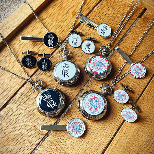 Coronation Cufflinks. King Charles III Royal Cypher Pocket Watch. British Coat of Arms. Union Jack Tie Bar. Great Britain Street Party Gift