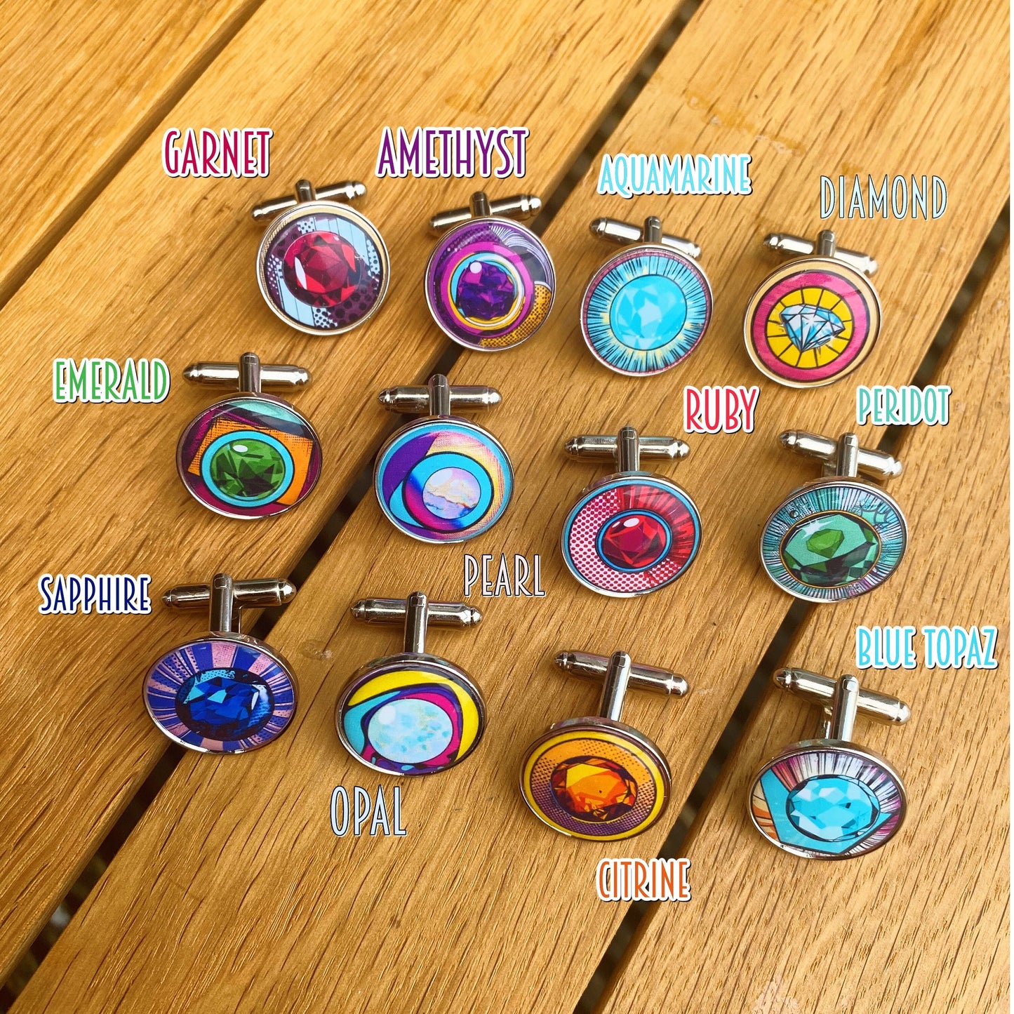 Birthstone Cufflinks. Birthday Gift. Pop Art Bright and Colourful. Personalised Birth Stone Jewellery. Wedding Cufflinks Couple Birthstones