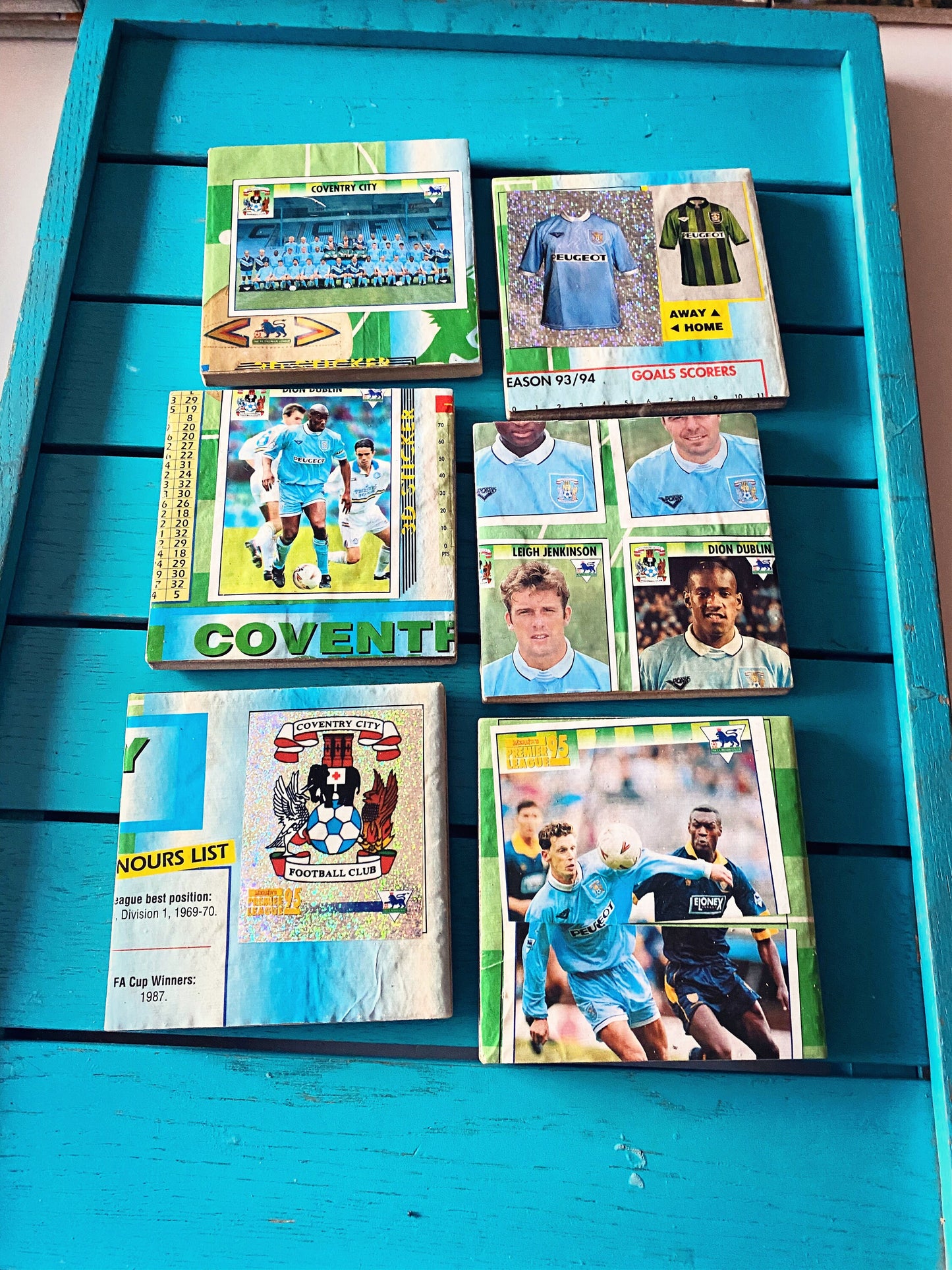 Vintage Sticker Book Coventry City Football Coasters. Upcycled Football Gift. Man Cave Home Decor. Retro Football Gift for Dad.