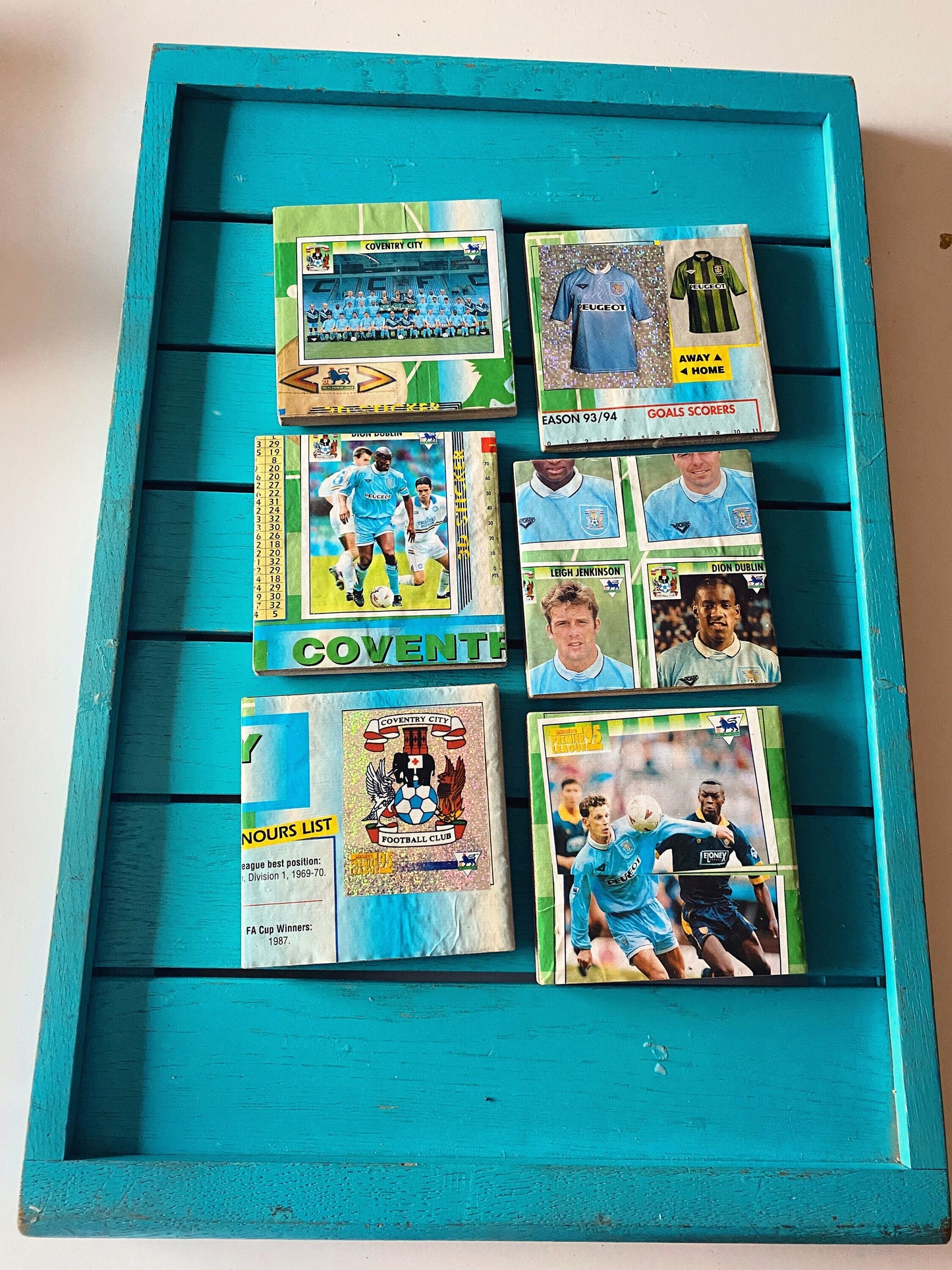 Vintage Sticker Book Coventry City Football Coasters. Upcycled Football Gift. Man Cave Home Decor. Retro Football Gift for Dad.