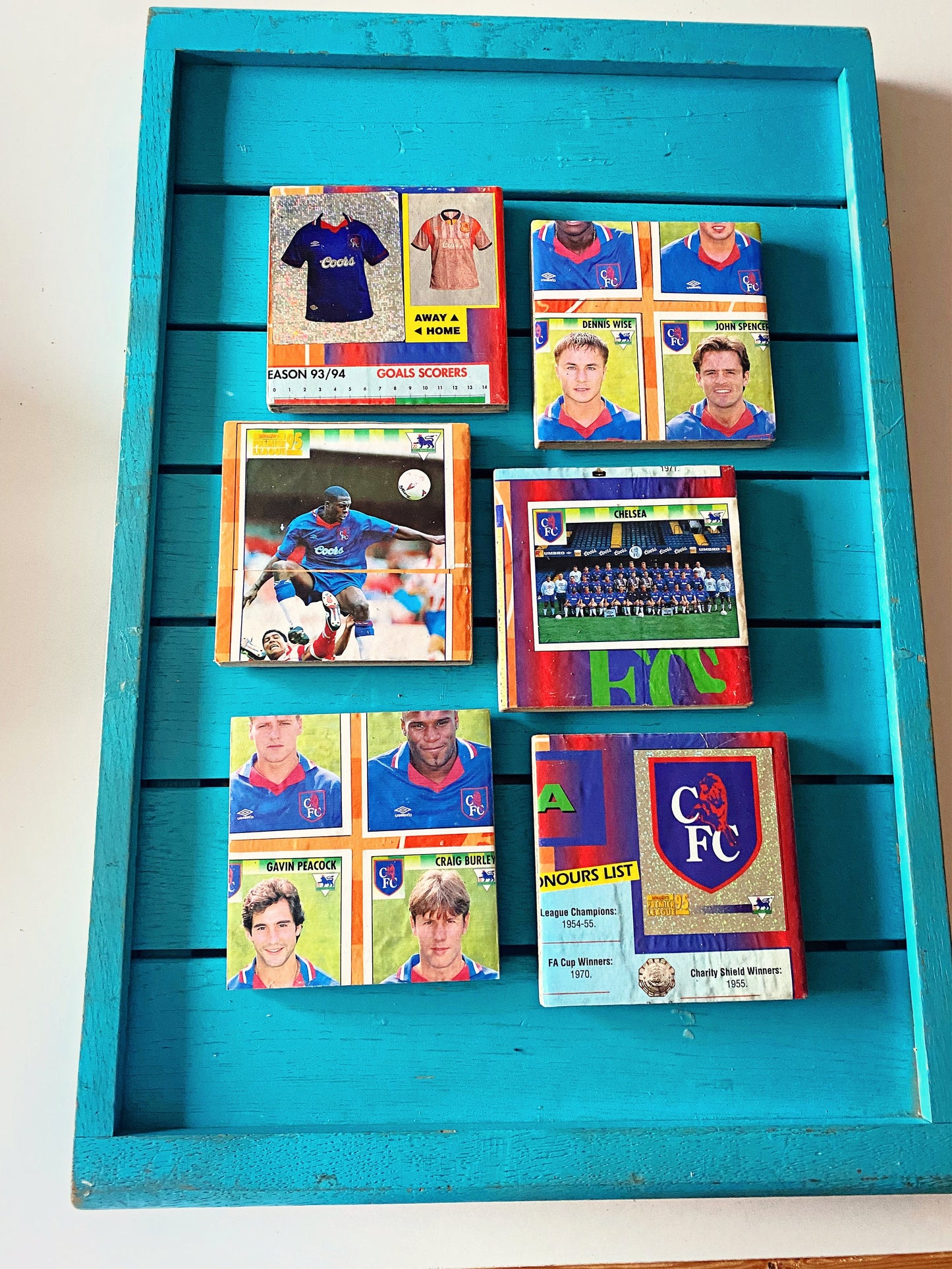 Vintage Sticker Book Chelsea Football Coasters. Upcycled Football Gift. Man Cave Home Decor. Retro Football Gift for Dad.
