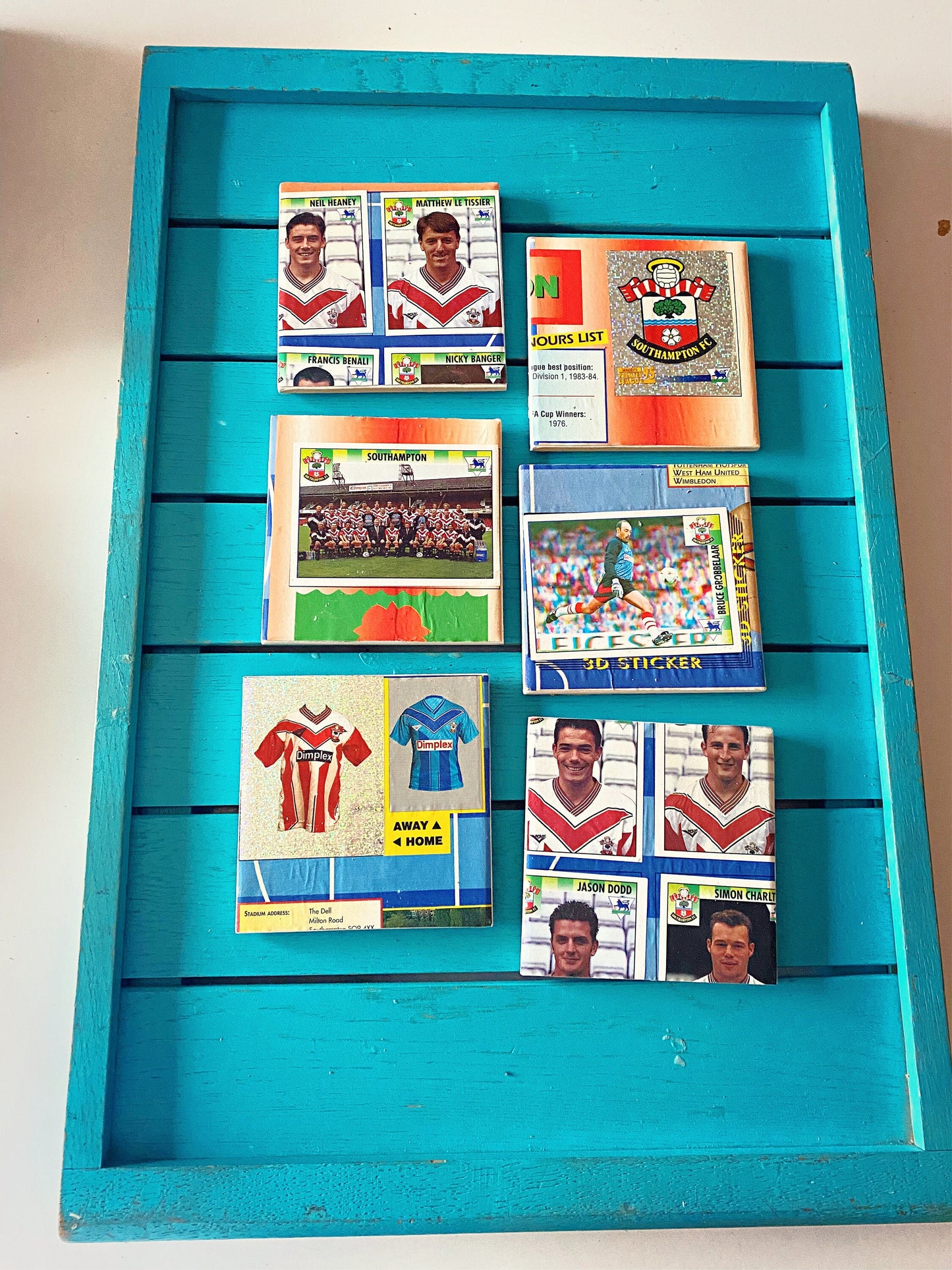 Vintage Sticker Book Southampton Football Coasters. Upcycled Football Gift. Man Cave Home Decor. Retro Football Gift for Dad.