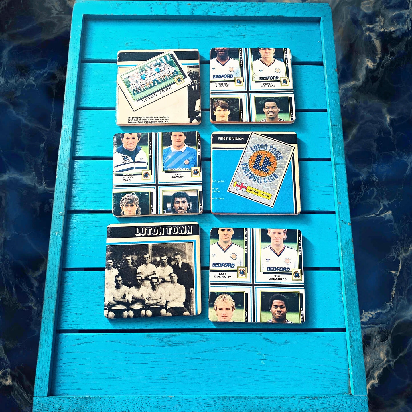 Vintage Luton Town Sticker Book Football Coasters. Upcycled Hatters Football Gift. Man Cave Home Decor. Retro Football Gift for Dad. 80s