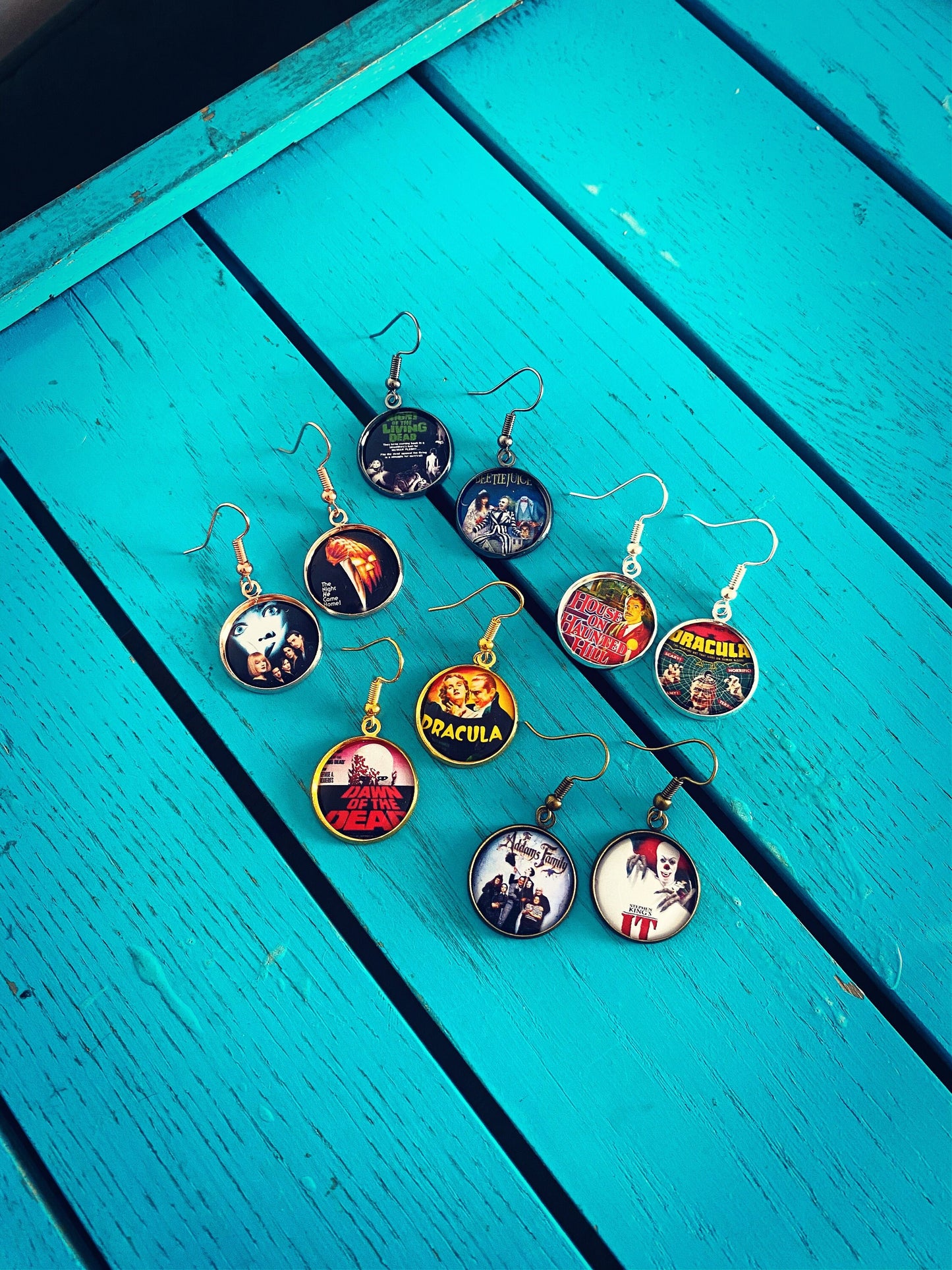 Halloween Movie Poster Earrings. Necklace. Halloween Jewellery. Scary Film. Horror Movies. Dracula. Frankenstein. Halloween Costume.