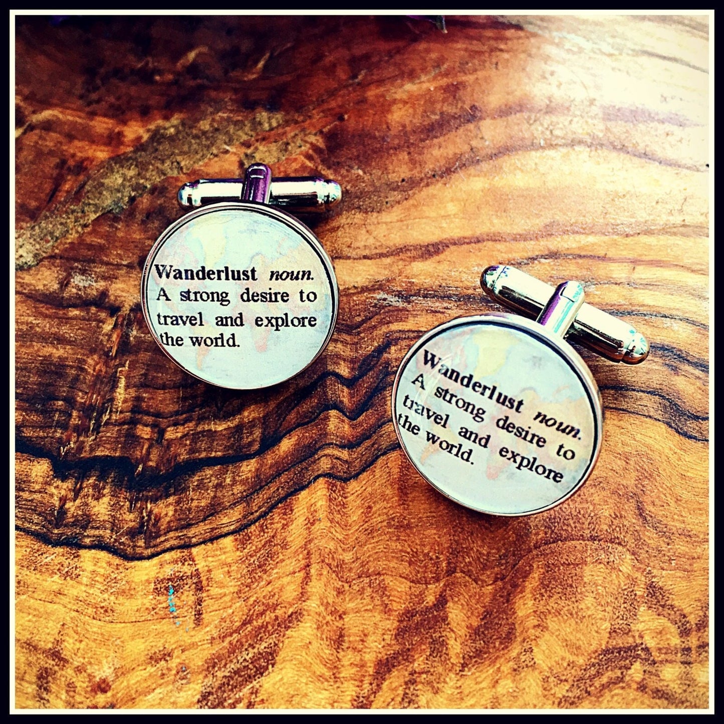Wanderlust definition cufflinks. Gift for adventurer. World map. Wedding. Christmas gift for him/dad. Explorer. Personalised dictionary word