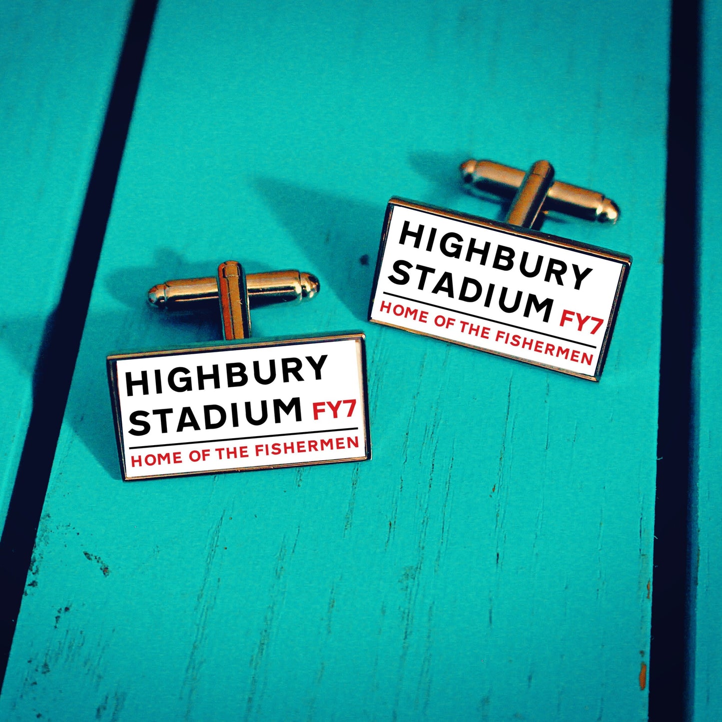 Fleetwood Town Football Stadium Cufflinks. Highbury Stadium. Gift for Fishermen Fan. Road Sign Tie Bar. Personalised Street Name. Christmas