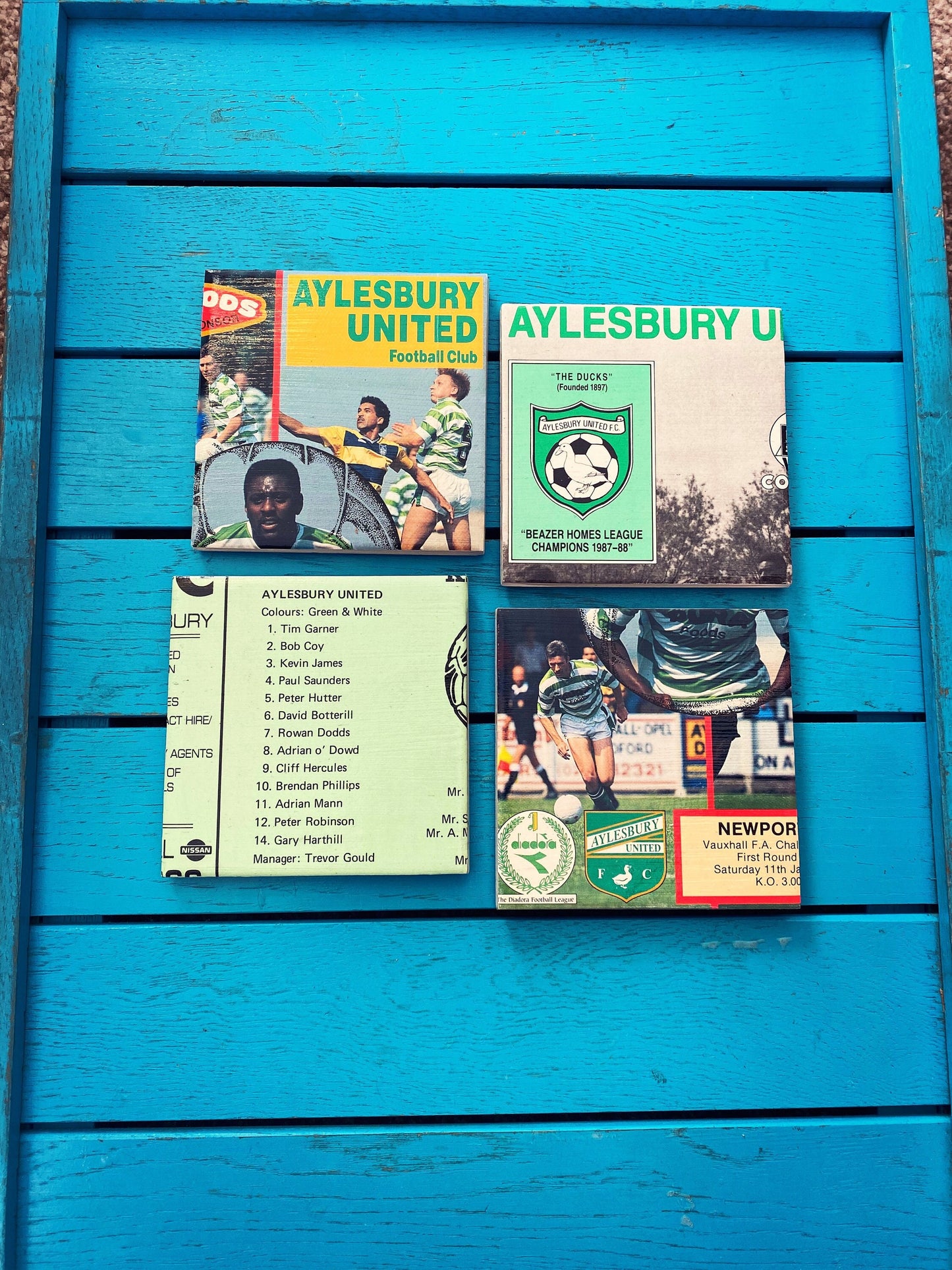 Vintage Aylesbury United Football Programme Coasters. Upcycled Football Gift. Man Cave Home Decor. Retro Football Gift for Dad. Ducks.