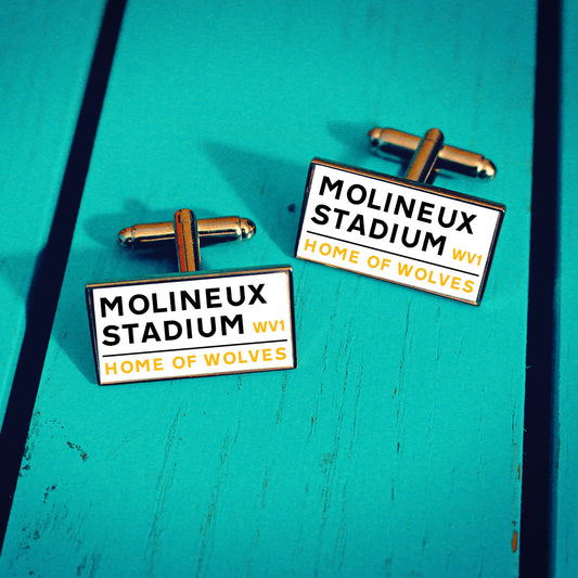 Wolverhampton Wanderers Football Stadium Cufflinks. Molineux Stadium. Gift for Wolves Fan. Toffees. Road Sign Tie Bar. Personalised Name.